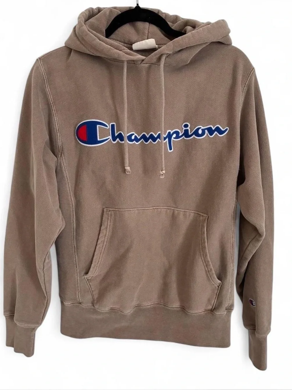 Champion Reverse Weave drawstring Hoodie in Taupe with embroidered chest logo S